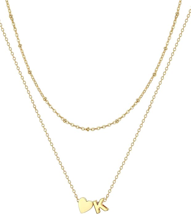 FOCALOOK Layered Initial Necklace for Women, 14K Gold Plated Choker Necklaces Stacks with Initial A-Z, Dainty Silver Heart Pendant Necklace Personalized Birthday Women Jewelry