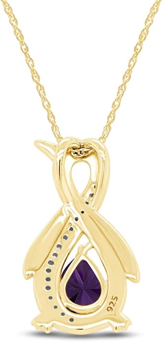 Infinity Penguin Pendant Necklace for Women, 14K Gold Over Sterling Silver with Pear & Round Cut Simulated Birthstone & White Diamond Accents, Dainty Animal Jewelry Gift with 18" Chain