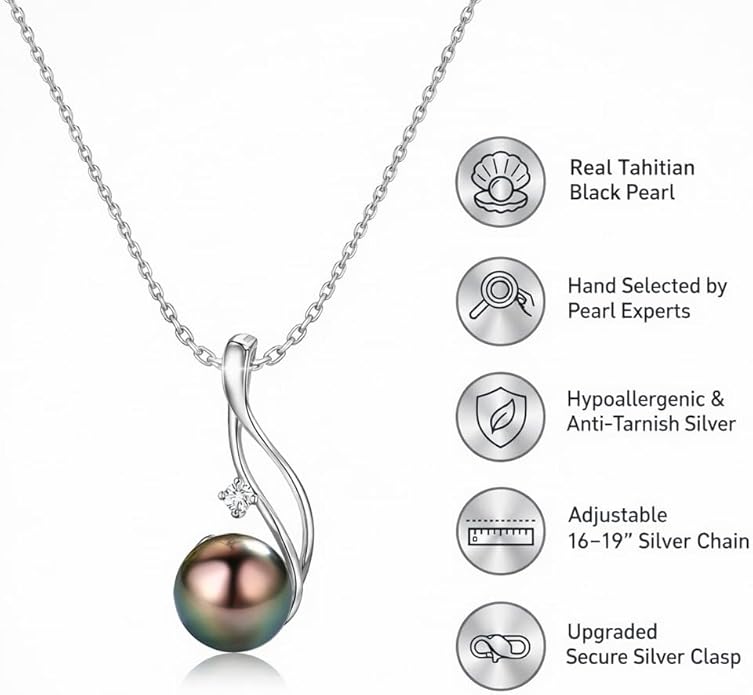 Tahitian Black Pearl Necklaces for Women - Anniversary, Birthday, Valentines Day Gifts for Wife, Girlfriend, Mom - Chaulri 925 Sterling Silver Genuine Real Pearl Jewelry - Regalo de Aniversario para Esposa - Collar de Perlas para Mujer