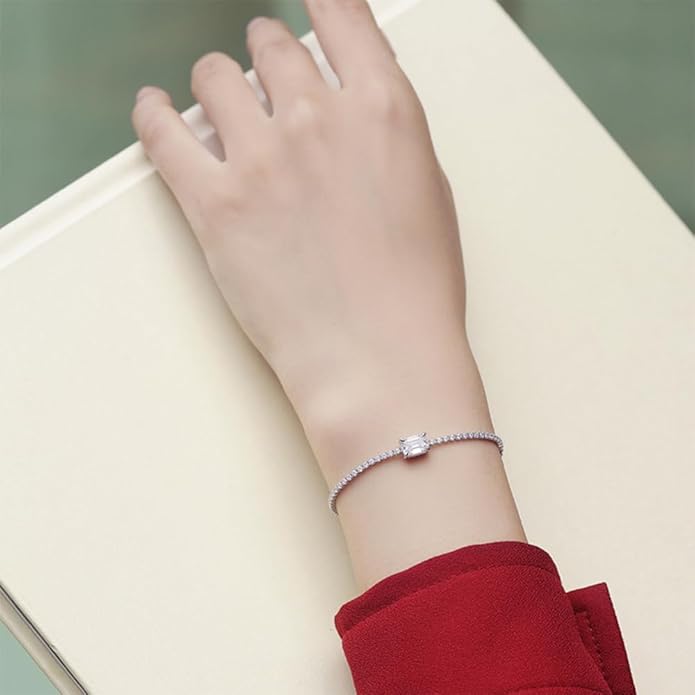 14K White Gold Over S925 Sterling Silver Intertwined Bracelet for Women with 1ct Round/Emerald Cut VS2 G-color Diamond, Simple and Sophisticated Present
