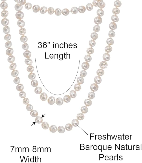 Savlano 7-8MM Cultured Freshwater Baroque Natural Pearl Bead Necklace- 36”-inch Long Single Strand Pearl Necklace, For Women Comes with Gift Box