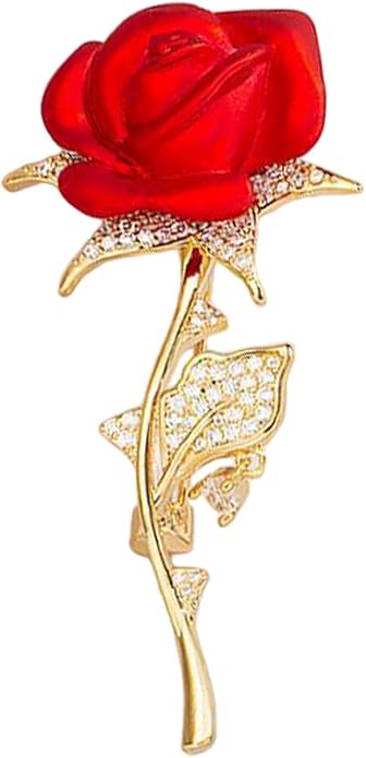 Just Follow Red Rose Flower Brooch with Rhinestones Sparkling Floral Pin for Women Vintage Blazer Jacket Dress Hat Scarf Accessory