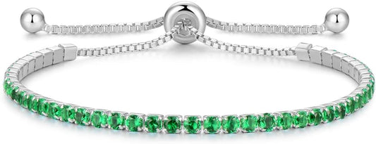 Sterling Silver Birthstone Tennis Bracelets for Women 2.5mm Tennis Bolo Bracelet Fashion Jewelry Birthday Gifts for Women Mom Wife | Adjustable Size 9"