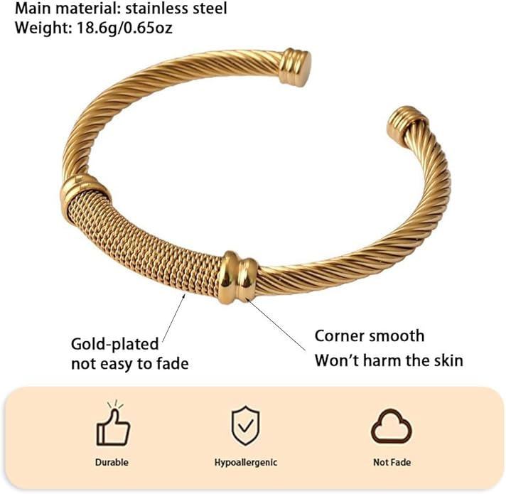 Twisted Cable Bangle Bracelet for Women Gold Plated Lightweight Adjustable Open Cuff Vintage Chunky Jewelry Gift for Her Mom Sister Birthday Christmas