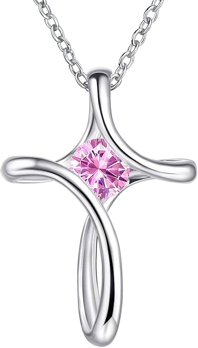 NINAMAID Cross Necklace for Women, 925 Sterling Silver Birthstone Necklace for Women with Diamond Sideways Cross Necklaces Birthstone Jewelry Birthday Gifts for Womens