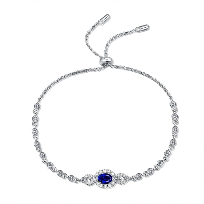 14K White Gold Over S925 Sterling Silver Oval Cut 0.5ct Sapphire Bracelet Adjustable with Sparkling D-color Diamond, Ideal Gift for Her at Special Occasion