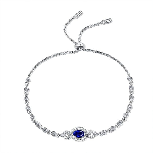 14K White Gold Over S925 Sterling Silver Oval Cut 0.5ct Sapphire Bracelet Adjustable with Sparkling D-color Diamond, Ideal Gift for Her at Special Occasion