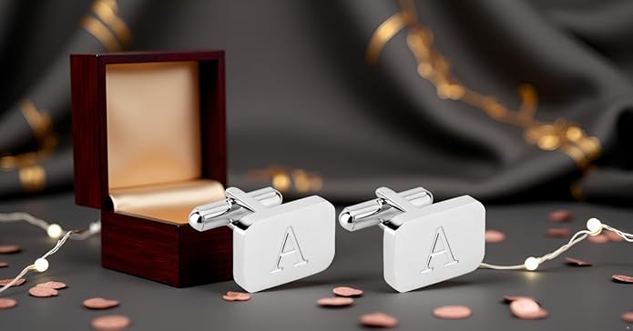 18K White-Gold Plated Initial Engraved Stainless Steel Men’s Cufflinks With Gift Box -Personalized Alphabet Letter’s A-Z By Lux & Pair