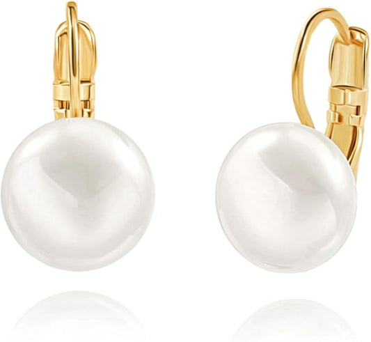 Handpicked White Pearl Earrings 18k Gold Plated Leverback Dangle Stud Pearl Earrings Jewelry for Women