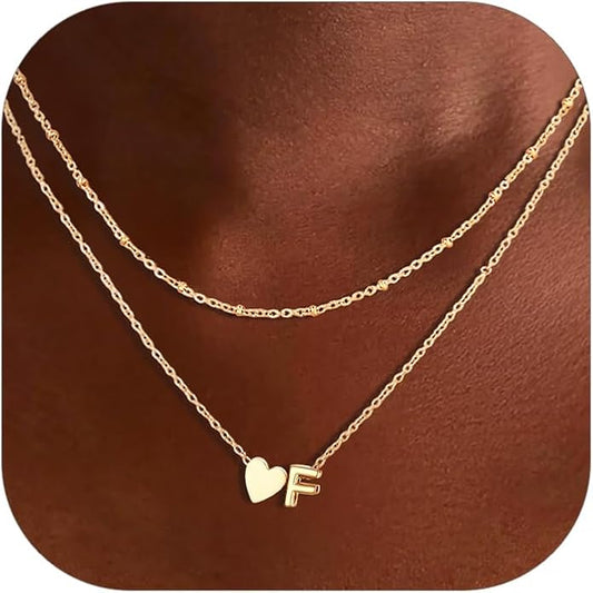 FOCALOOK Layered Initial Necklace for Women, 14K Gold Plated Choker Necklaces Stacks with Initial A-Z, Dainty Silver Heart Pendant Necklace Personalized Birthday Women Jewelry