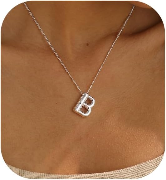 Initial Necklaces for Women, 14k Gold Plated Bubble Letter Necklace Chunky Gold Necklace Dainty Charm Initial Necklaces for Women Trendy Custom Preppy Stocking Stuff Necklace Christmas Gifts