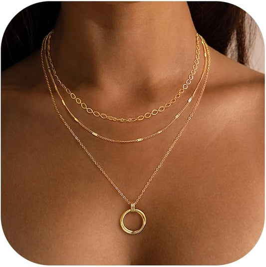 Layered Necklace for Women 14K Gold Plated Dainty Paperclip Herringbone Pearl Cross Pendant Necklace Stack，Layering Chain Cuban Figaro Rope Chain Choker Trendy Gold Jewelry Gift