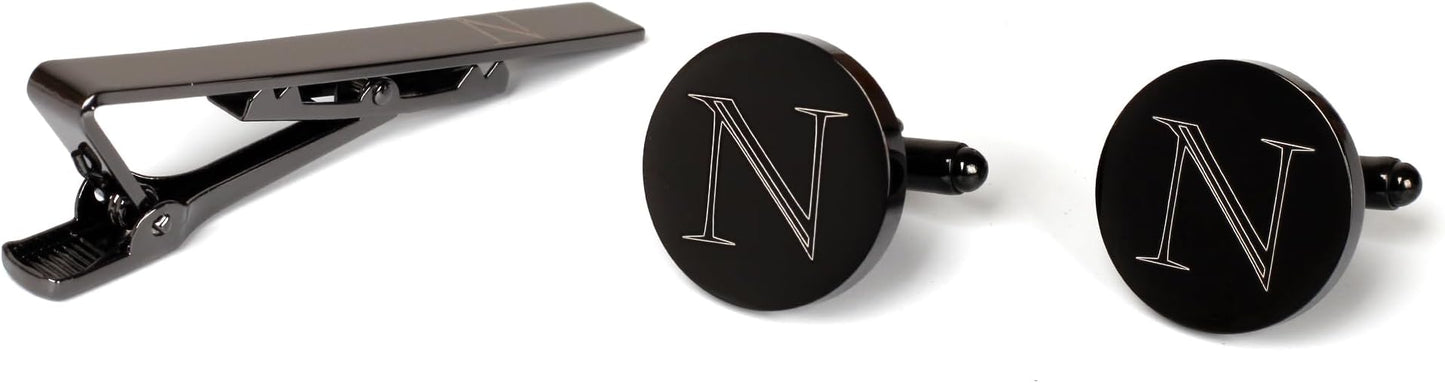 Mens Initial Cufflinks and Tie Clip A-Z Alphabet Letter Black Stainless Cuff Links Tie Bar with Engraved Walnut Wood Box Groom Groomsman Wedding Set