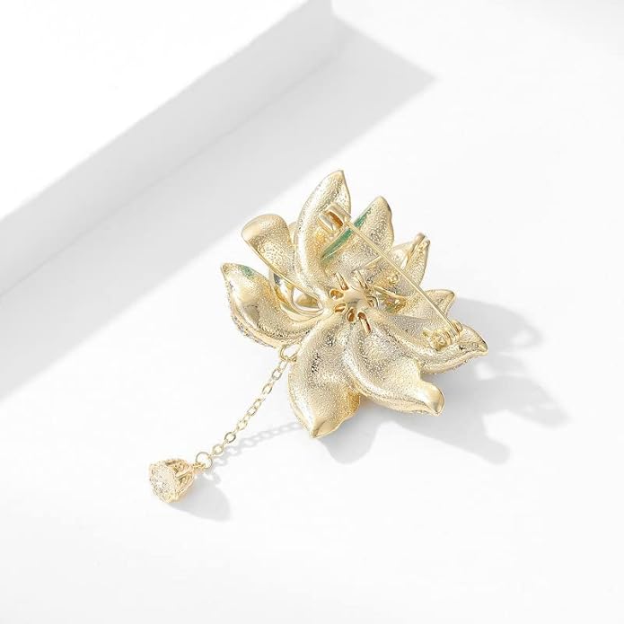 14K Gold Natural Peal Brooch with Lotus Design, High-End Elegant Vintage Chinese Style Accessory, Pearl Flower Brooch, Rhinestone/Crystal Brooches for Women