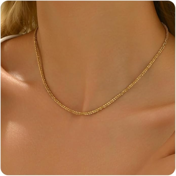 Gold Chain Necklace for Women Dainty 18K Gold Plated Thin Satellite Beaded Turquoise Necklace Simple Gold Boho Jewelry