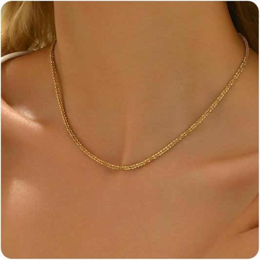 Gold Chain Necklace for Women Dainty 18K Gold Plated Thin Satellite Beaded Turquoise Necklace Simple Gold Boho Jewelry