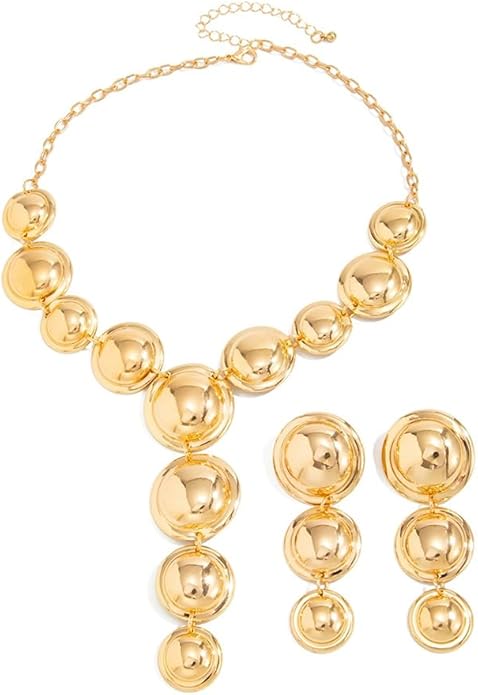 Exaggerated Chunky Gold Choker Long Y Necklace Round Drop Earring Set for Women Unique Big Geometry Silver Necklaces Large Dangly Earring Jewelry Gift