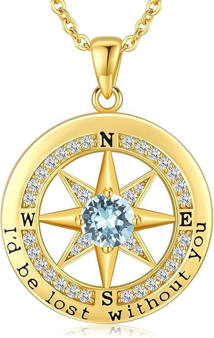 Compass Necklace for Women Wife Girlfriend Mom Daughter Gifts S925 Silver Jewelry For Anniversary Rose Gold Gifts For Birthday Christmas Mothers Valentines Day 12 Birthstones