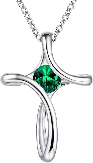 NINAMAID Cross Necklace for Women, 925 Sterling Silver Birthstone Necklace for Women with Diamond Sideways Cross Necklaces Birthstone Jewelry Birthday Gifts for Womens