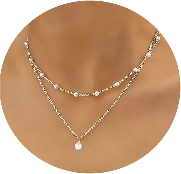 Gold Pearl Necklace for Women, 14K Gold Plated Layered Pearl Necklaces for Women Trendy Simple Herringbone Chain Pearl Necklace for Women Gold Jewelry Gifts