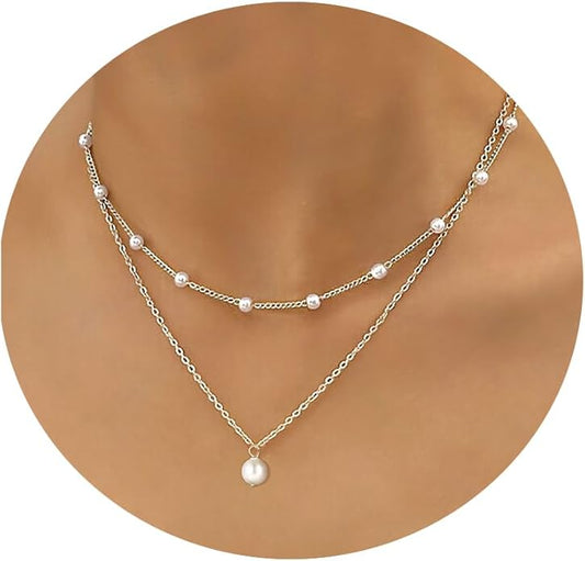 Gold Pearl Necklace for Women, 14K Gold Plated Layered Pearl Necklaces for Women Trendy Simple Herringbone Chain Pearl Necklace for Women Gold Jewelry Gifts