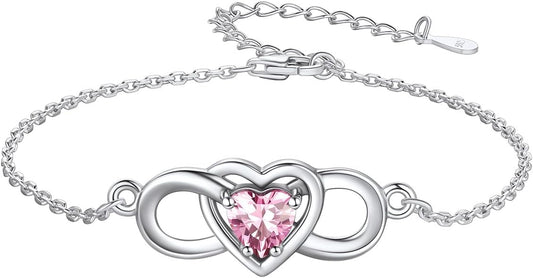 Custom4U Personalized Infinity Love Symbol Link Bracelets for Women 925 Sterling Silver Birthstone Bracelet Adjustable Engraved Chain Christmas Mother's Day Birthday Jewelry Gifts for Mom Her
