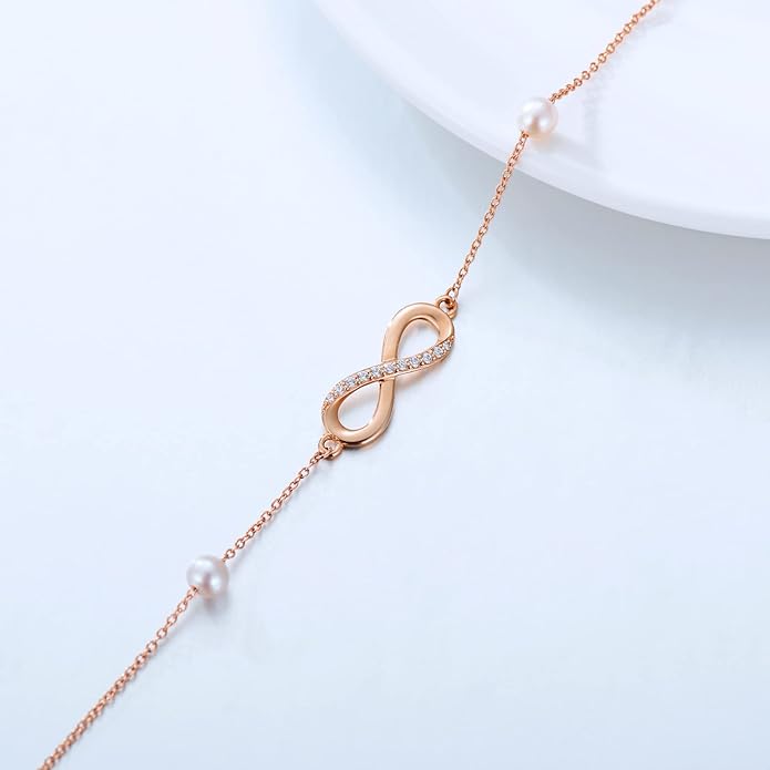 14k Gold Natural Diamond Infinity Anklets for Women, Real Gold Pearl Jewelry Ankle Bracelet Gifts for Her, 9.4-11 Inch