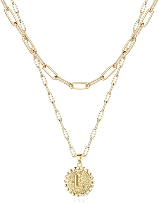 Ursteel Layered Initial Necklaces for Women, 14K-Gold-Plated Dainty Layering Paperclip Chain Necklaces for Women Jewelry