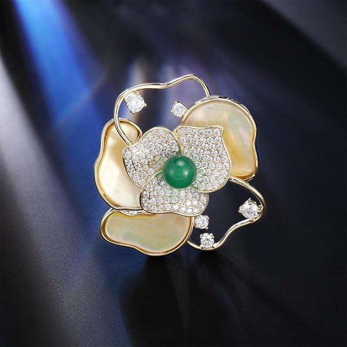 14K Gold Mother of Pearl Camellia Brooch, Luxury Moissanite Flower Pin, Sophisticated Accessory for Dinners and Parties