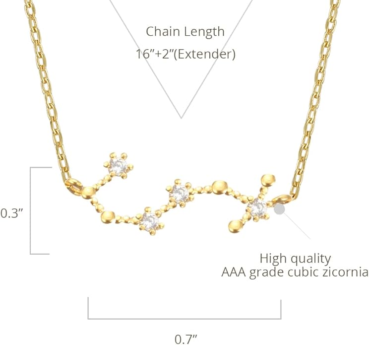 Zodiac 18K Gold Plated CZ Necklace With Message Card, Yellow Gold Color, Anchor Chain, Best Gift Necklace, Size 16 inch + 2 inch Extender, Pendant, Constellation, Gift Card