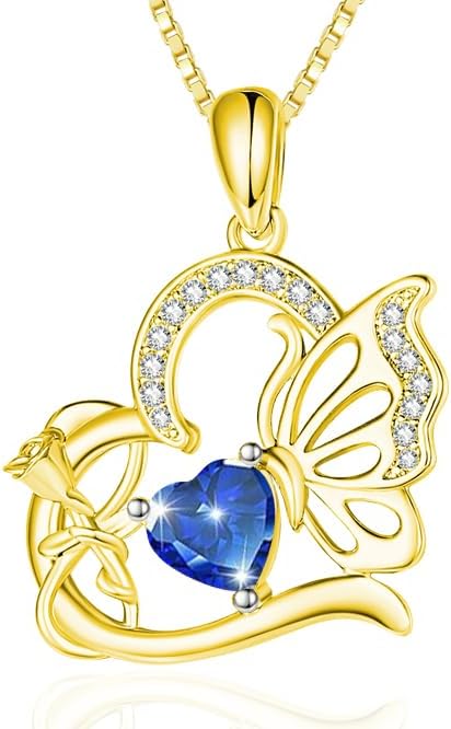 Birthstone Heart butterfly Necklace for Women, Infinity Pendant 14K Gold /18K White Gold Womens Necklaces, Jewelry Anniversary Birthday Christmas Gifts for Her Mom Wife﻿