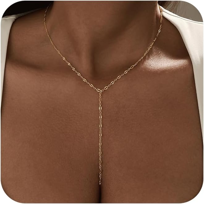 Long Gold Necklace for Women Trendy, Dainty Layered Lariat Necklace 14k Gold Plated Silver Y Shaped Beaded Chain Non Tarnish Drop Necklaces Simple Adjustable Jewelry Gift