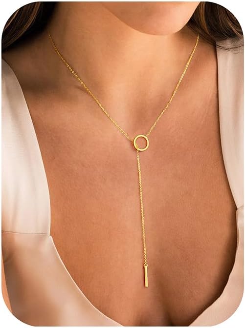 Yoosteel Long Lariat Necklace for Women - Dainty Y-Shaped Necklaces 14K-Gold-Plated Drop Chain Simple Jewelry Trendy Gifts for Women