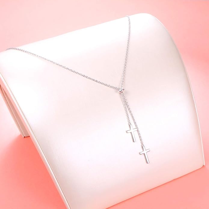 FLYOW Long Chain Dainty Lariat Necklace Simple Style 925 Sterling Silver Heart Pendant Adjustable Y Shaped Necklace Jewelry