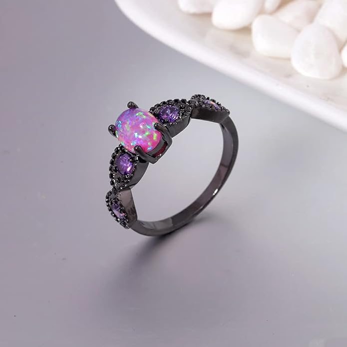 CiNily 18K Gold Plated Opal Ring-White Fire Opal & Amethyst & Cubic Zirconia Women Jewelry Gemstone Engagement Anniversary Ring Size 5-13