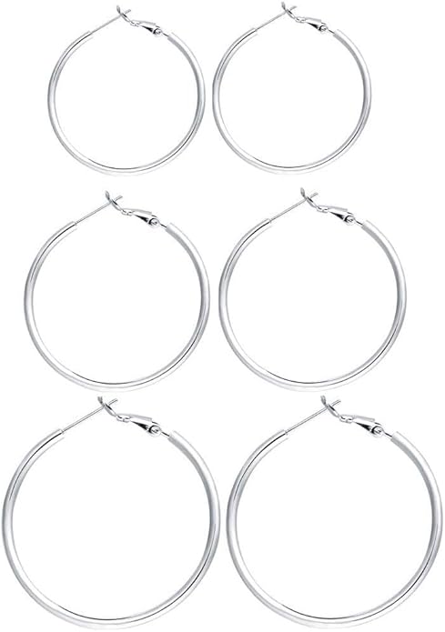 3 Pairs Sterling Silver Hoop Earrings, 14K White Gold Plated Big Hoop Earrings Set for Women 40 50 60MM