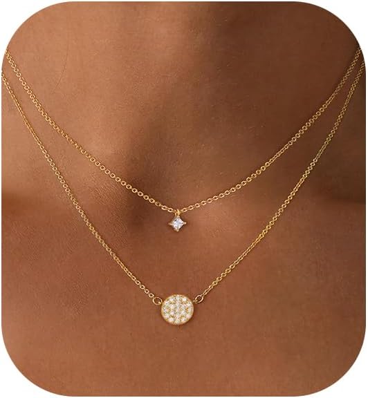 Layered Necklaces for Women,Dainty 14k Gold Plated Choker Necklace Stack Trendy Simple Diamond Pendant Necklace Set for Women Non Tarnish Cute Layering Cubic Zirconia Necklace Fashion Waterproof Jewelry for Women