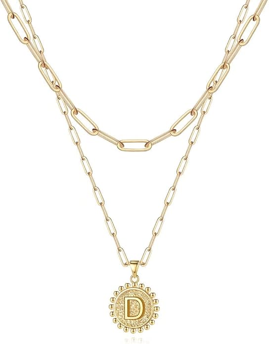 Ursteel Layered Initial Necklaces for Women, 14K-Gold-Plated Dainty Layering Paperclip Chain Necklaces for Women Jewelry