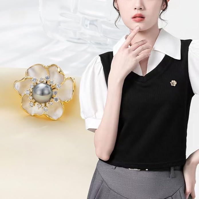 14K Gold Mother of Pearl Camellia Brooch, Luxury Moissanite Flower Pin, Sophisticated Accessory for Dinners and Parties