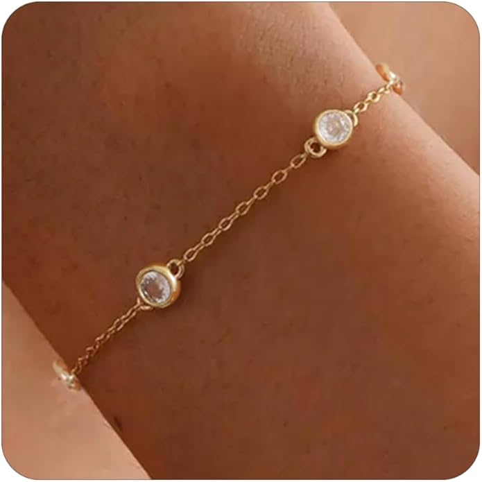 Gold Bracelets for Women,14K Dainty Gold Plated Bracelets Non Tarnish Waterproof Diamond Bracelets Heart Flower Round Square CZ Charm Bracelet Trendy Stuff Jewelry Gifts for Her