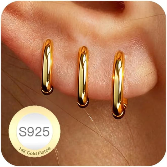 DORANA Valentines Day Gift 3 Pairs 925 Sterling Silver Earrings for Women Girls Non Tarnish Small Hypoallergenic Huggie Hoops Cartilage Stack Earring Sets for Multiple Piercing