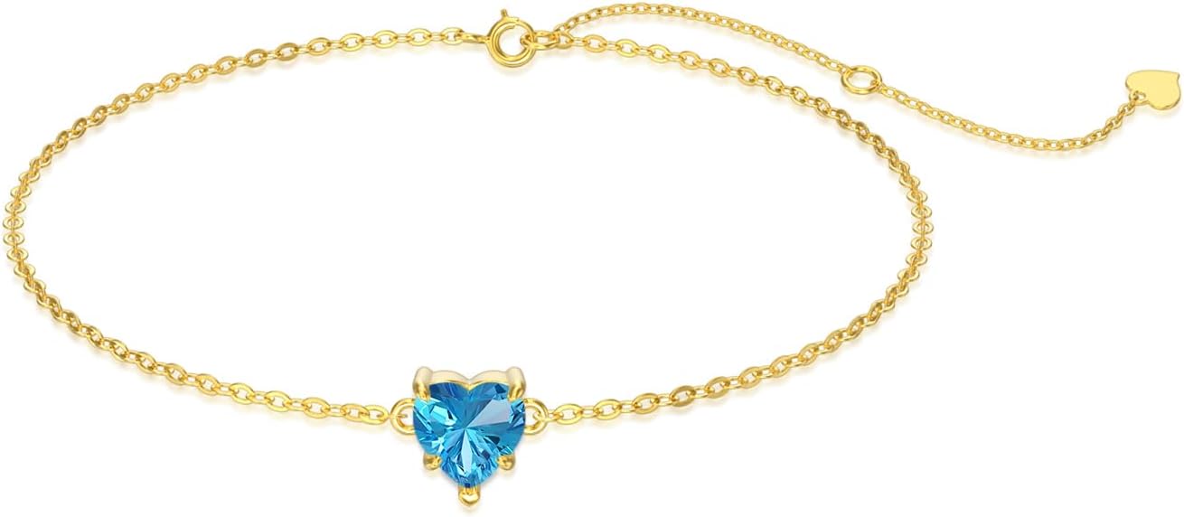 14k Gold Love Heart Gemstone Bracelet for Women,7MM Heart-cut Created Birthstone Anniversary Birthday Mother's Day Bracelets Jewelry for Mom Her 6.5''+2''