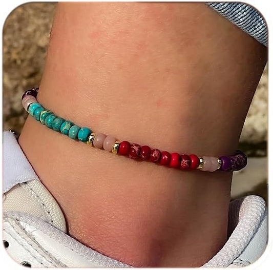 Natural Stone Beaded Anklets Bracelets for Women Handmade Beaded Anklet Bracelet Waterproof Boho Beads Ankle Bracelet Adjustable Summer Jewelry