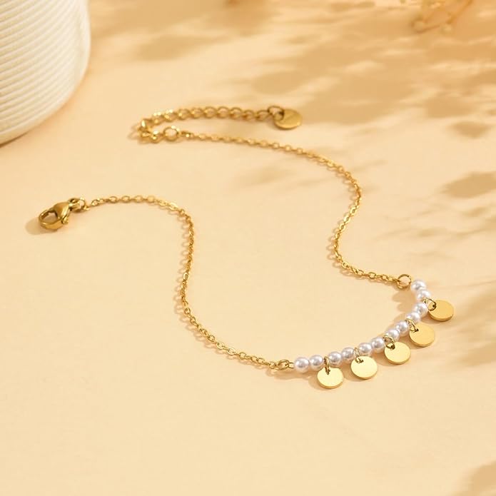 Anklet Bracelets for Women 18K Gold Plated Tennis Anklets Dainty Sapphire Paperclip Pearl Sequin Droplet Adjustable Large Anklet Bracelets Simple Beach Summer Waterproof Foot Jewelry