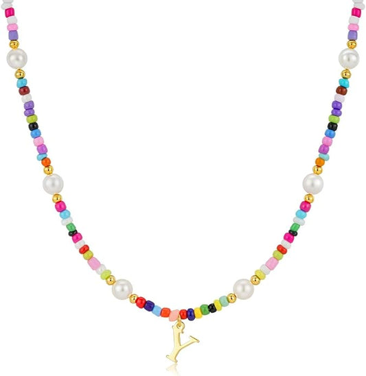 M MOOHAM Colorful Initial Necklaces for Girls Women Kids - Christmas Stocking Stuffers Beaded Pearl Choker Necklace for Women Teen Girl Gifts Trendy Personalized Letter Birthday Gifts Kids Jewelry