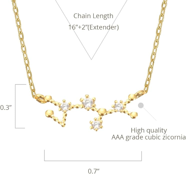 Zodiac 18K Gold Plated CZ Necklace With Message Card, Yellow Gold Color, Anchor Chain, Best Gift Necklace, Size 16 inch + 2 inch Extender, Pendant, Constellation, Gift Card