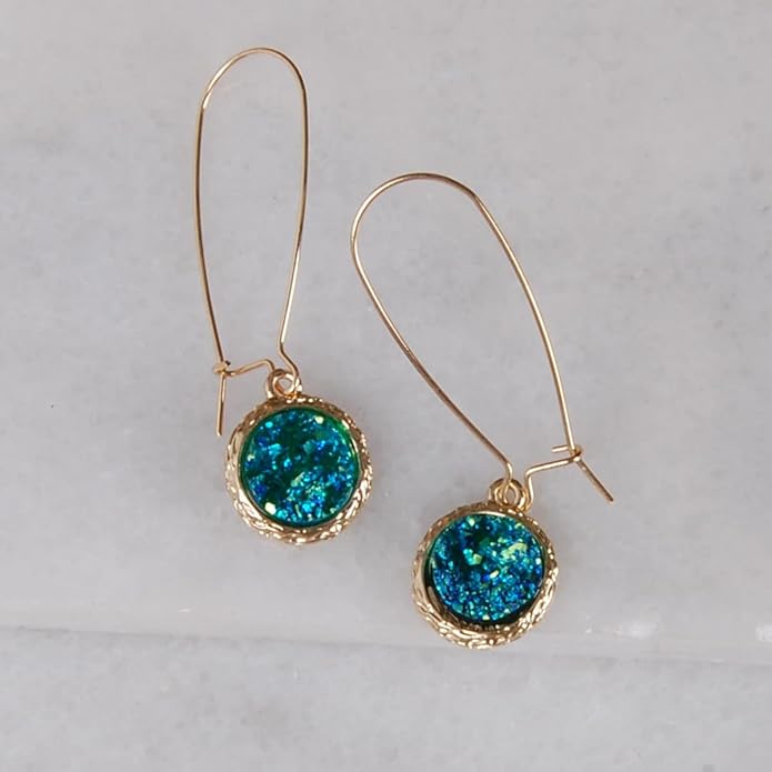 Simulated Druzy Threader Drop Earrings for Women - Gold, Silver, or Rose Gold Tone Trendy Boho Dangles with Sparkly Round Stone