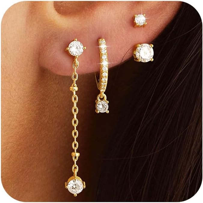 3 Pairs Earrings Set for Multiple Piercings, Gold Plated Studs Hoop Earrings Stack, CZ Dangle Earrings Set, Hypoallergenic for Sensitive Ears, Women's Gift