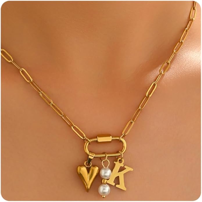 Gold Heart Initial Necklaces for Women 18K Gold Plated Dainty Pearl Letter Necklace Personalized Monogram Name A-Z Pendant Everyday Jewelry for Women