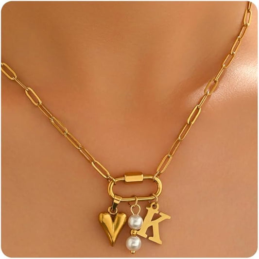 Gold Heart Initial Necklaces for Women 18K Gold Plated Dainty Pearl Letter Necklace Personalized Monogram Name A-Z Pendant Everyday Jewelry for Women